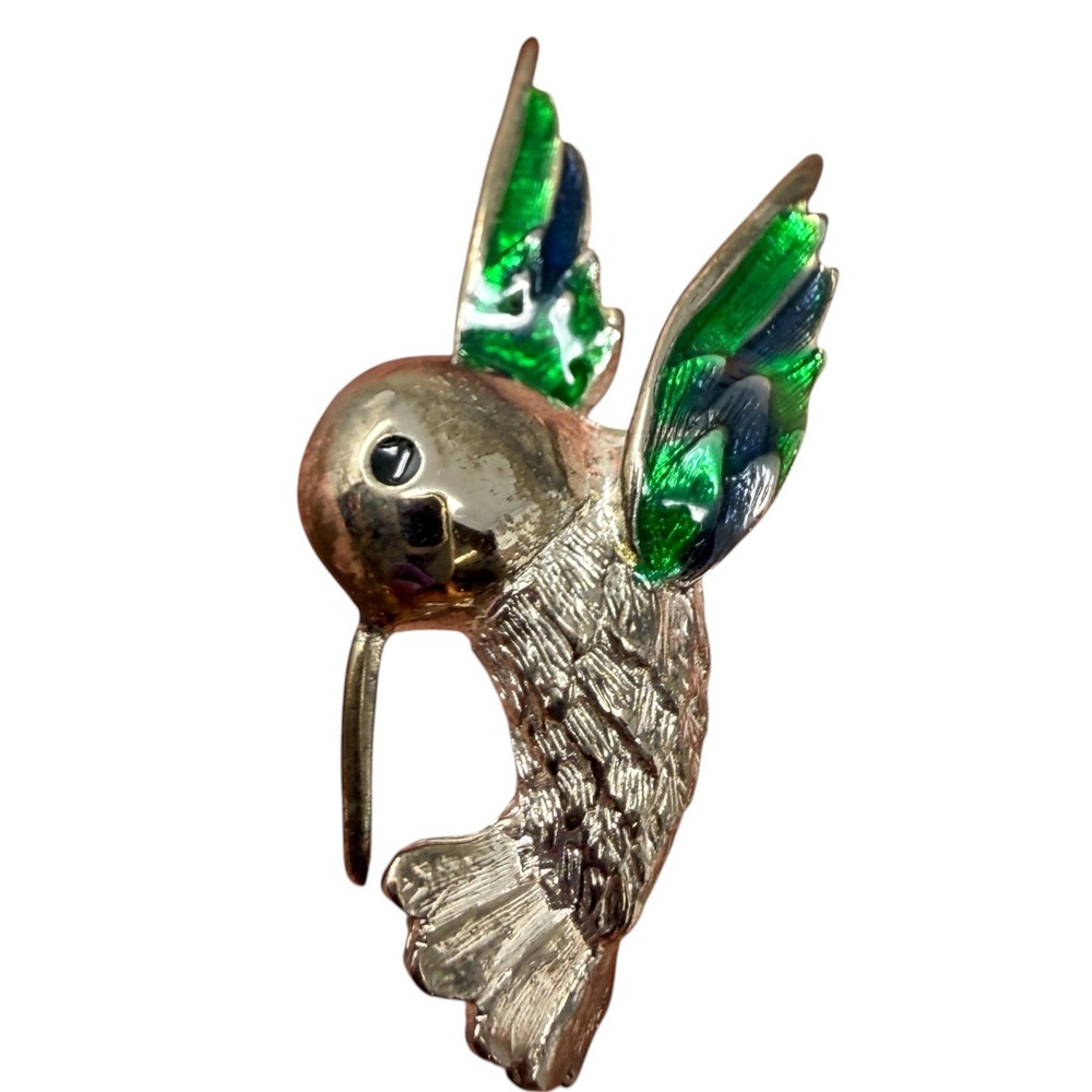 Women's Hummingbird Brooch Silver Green Excellent Enamel Bird Pin